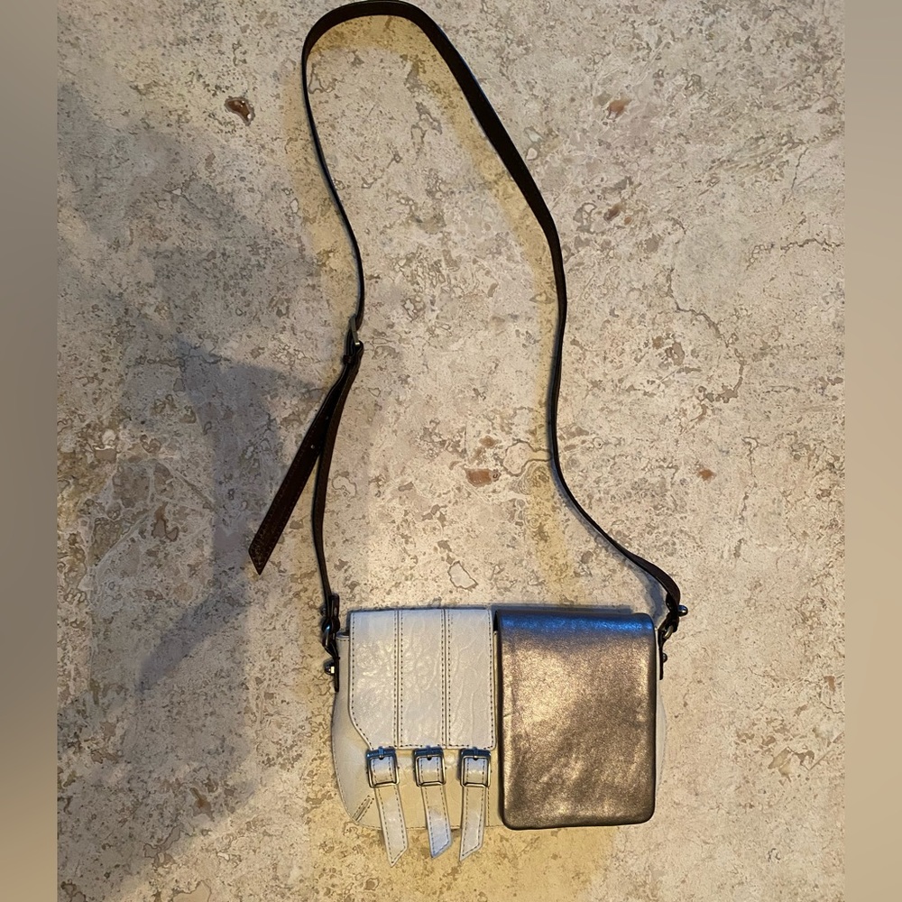 Anthropologie Crossbody bag! Cream and pewter colored leather. Like New!